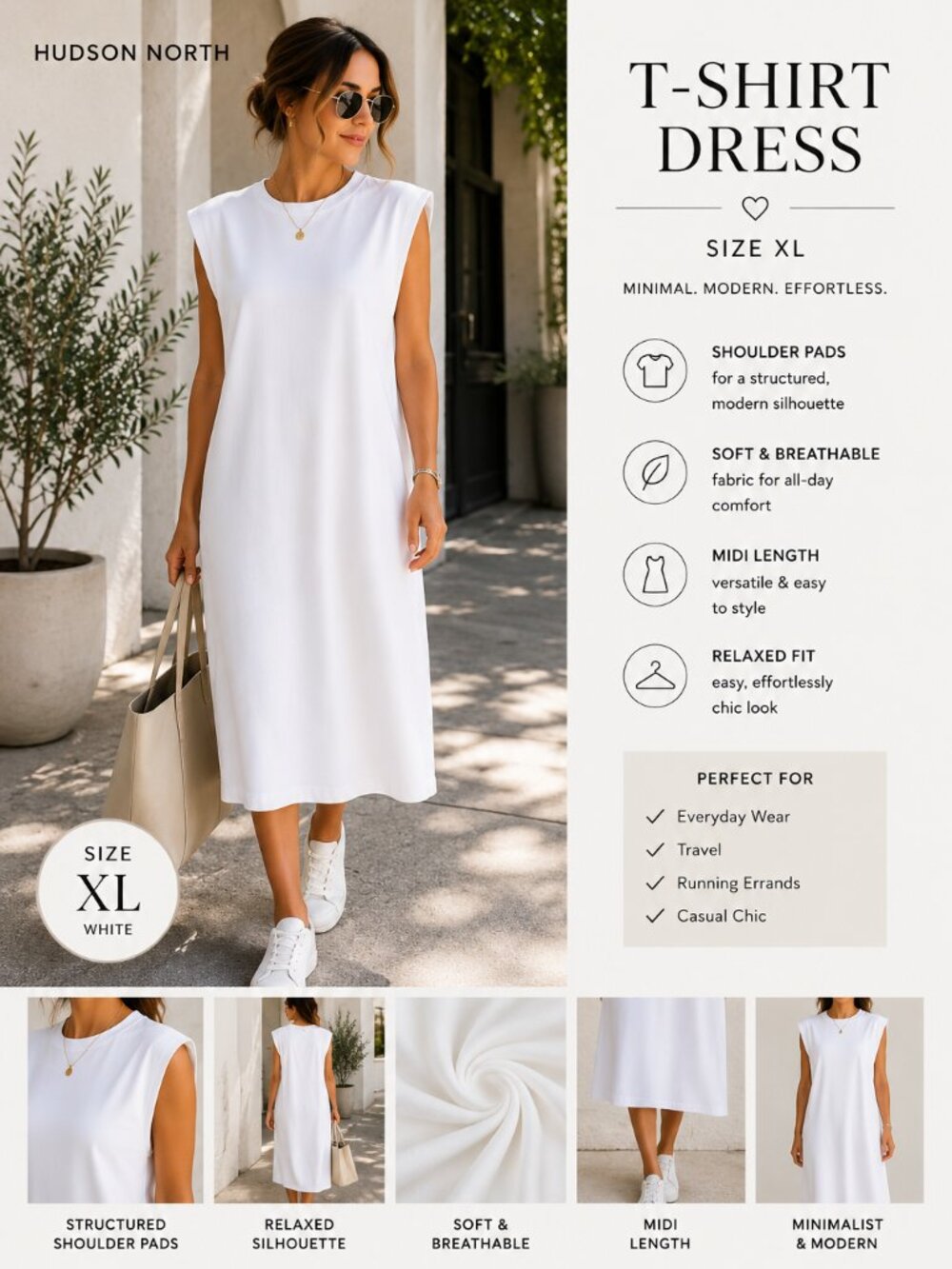 Hudson North Dress XL White Shoulder Pad Midi Minimalist T-Shirt Style Modern